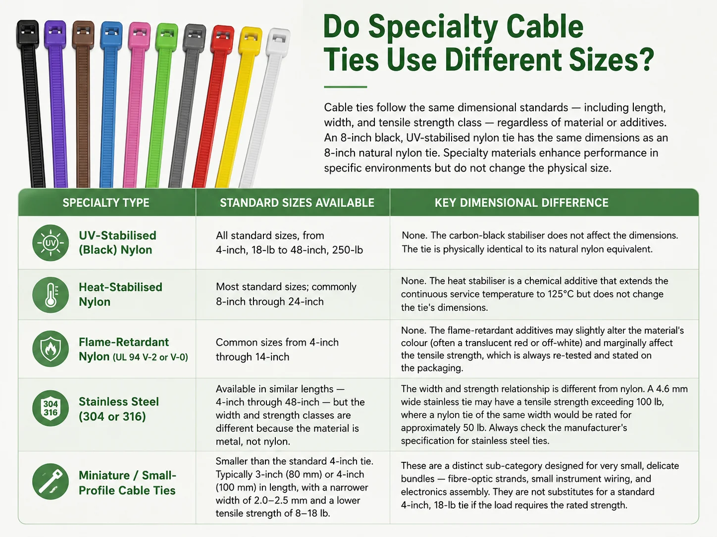 Do Specialty Cable Ties Use Different Sizes