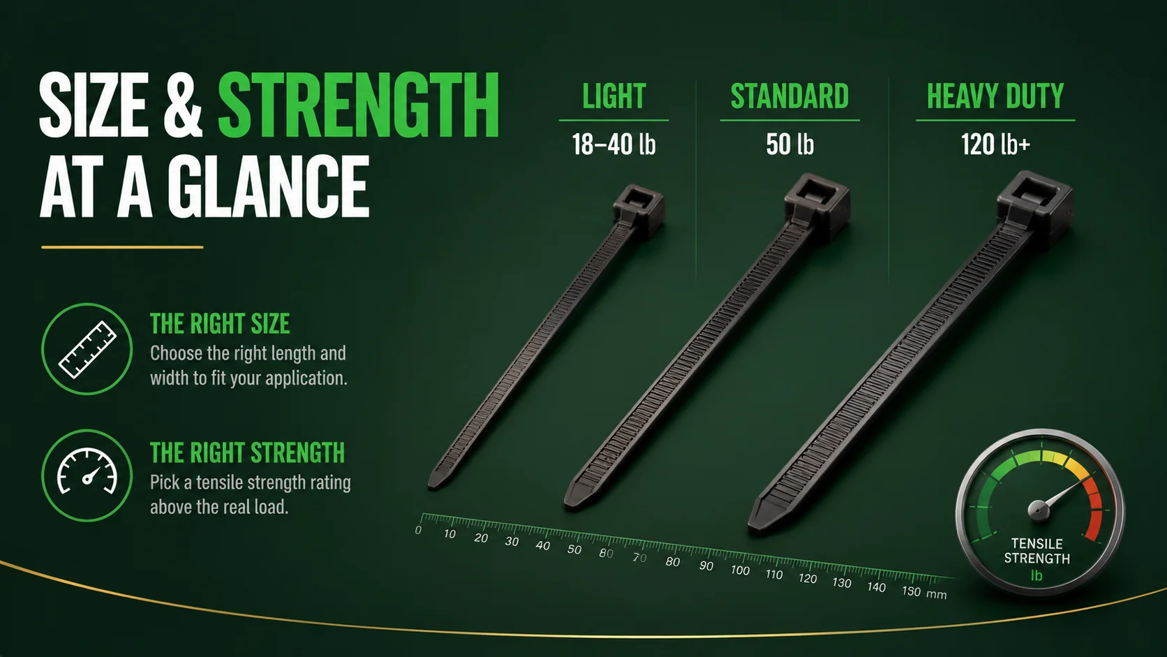Cable tie size and strength at a glance comparison chart
