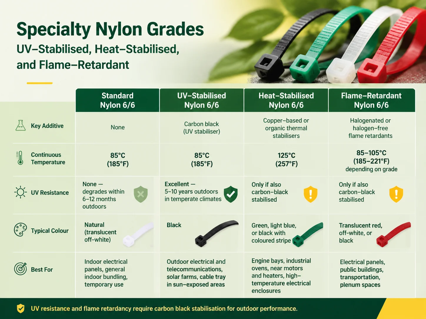 Specialty Nylon Grades UV‑Stabilised, Heat‑Stabilised, and Flame‑Retardant