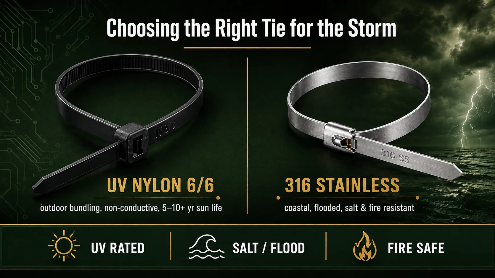 Infographic comparing UV-resistant nylon and 316 stainless steel industrial cable ties for typhoon and coastal electrical use