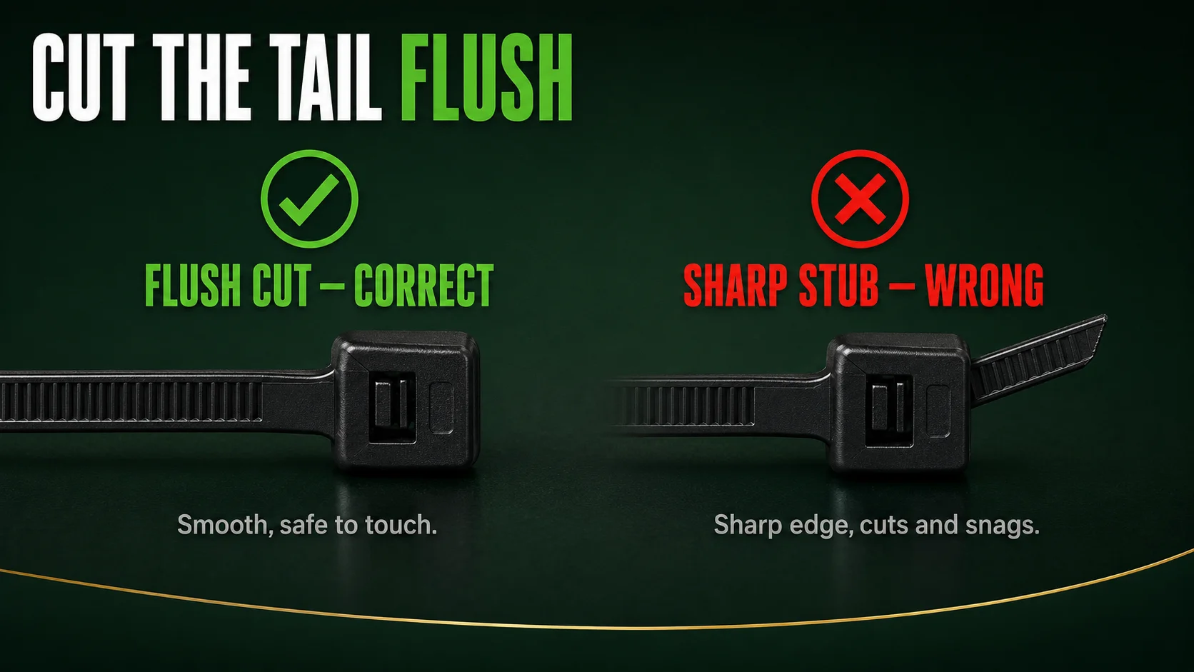 Comparison of a flush cut cable tie tail versus a sharp protruding stub