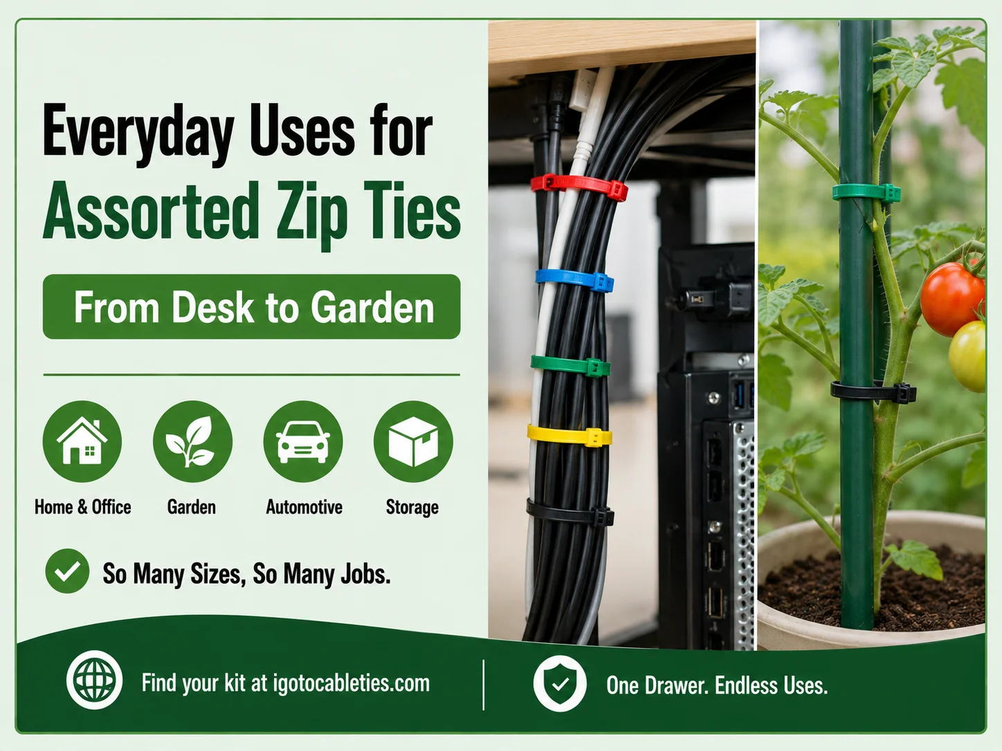 Infographic showing the key benefits of assorted zip ties variety packs including versatility value colour coding and less waste
