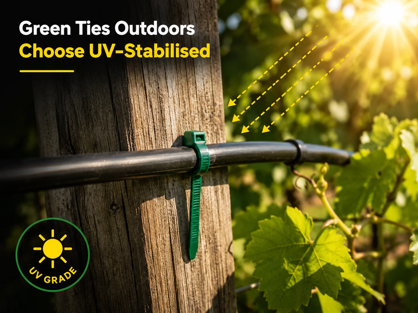 UV-resistant green zip ties in outdoor use — green nylon zip tie securing cable on an outdoor structure under bright sunlight