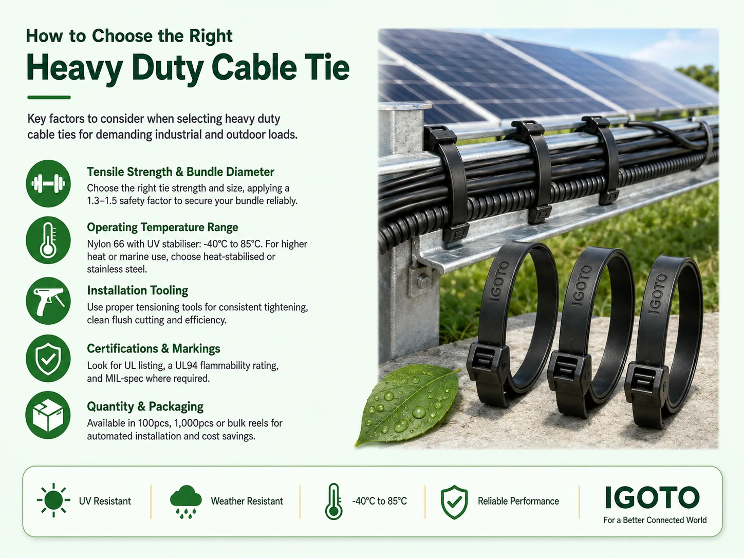 How to choose the right outdoor heavy duty cable tie: strength, temperature range, tooling, and certifications
