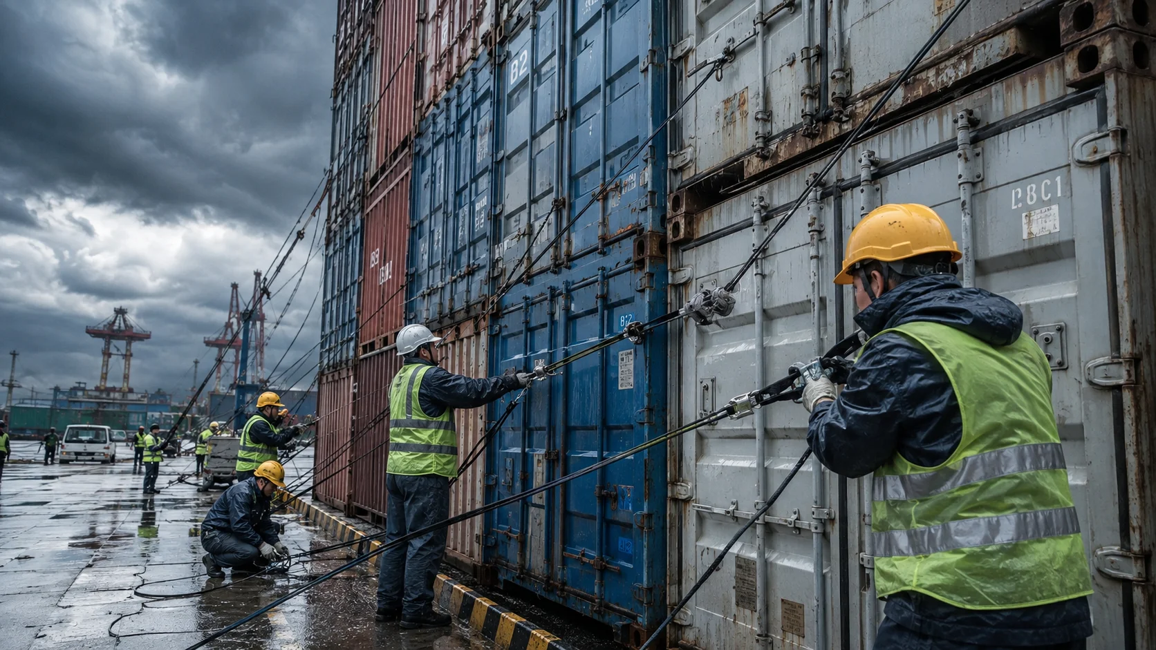 Securing shipping containers with heavy-duty industrial cable ties before a typhoon makes landfall
