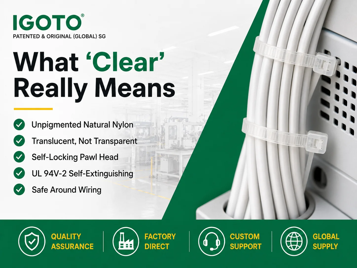 Clear zip ties made of natural translucent nylon 6/6 bundling cables neatly behind office equipment