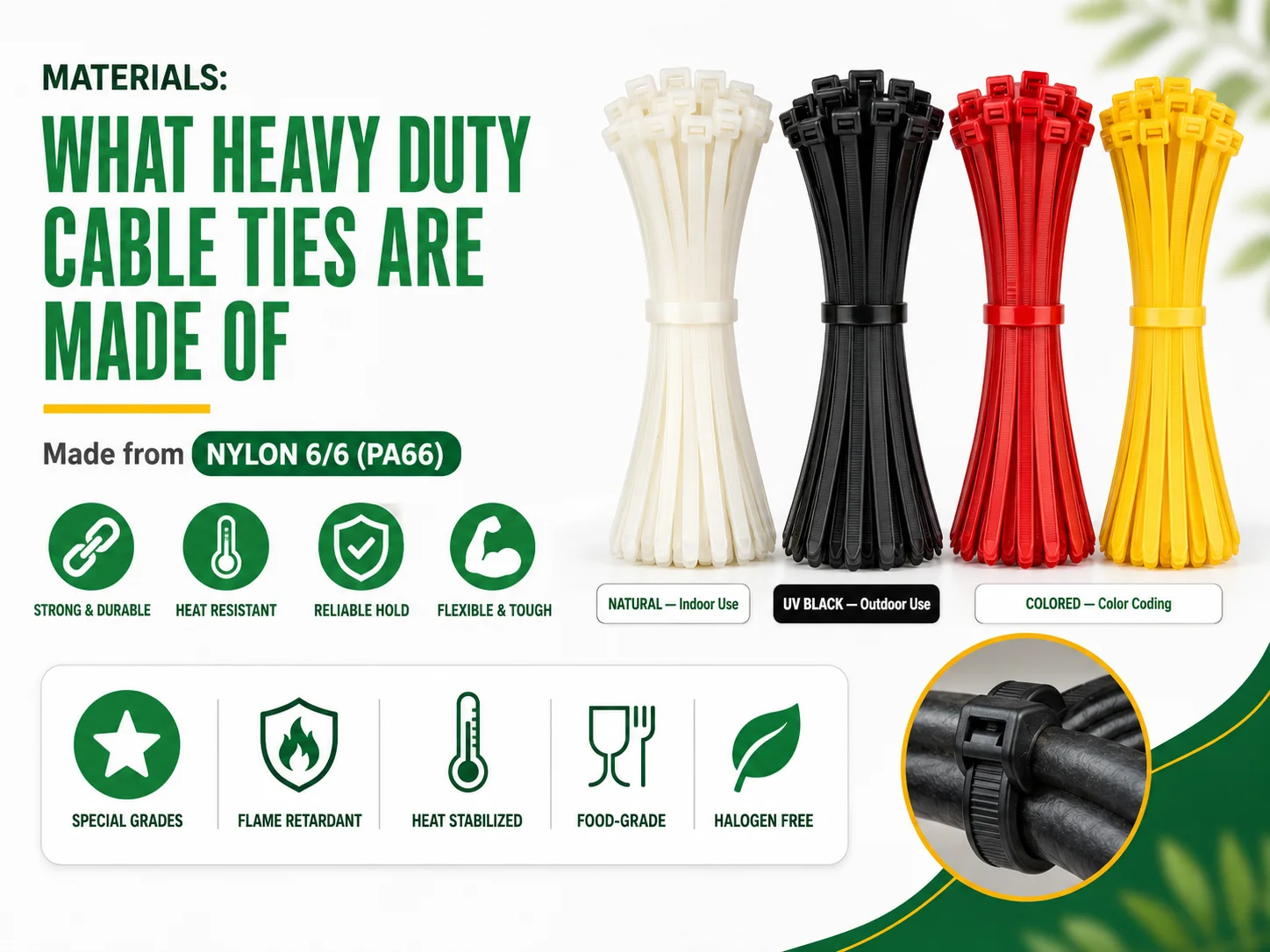 What heavy duty cable ties are made of: nylon 6/6 (PA66) in natural, UV black, and colored grades