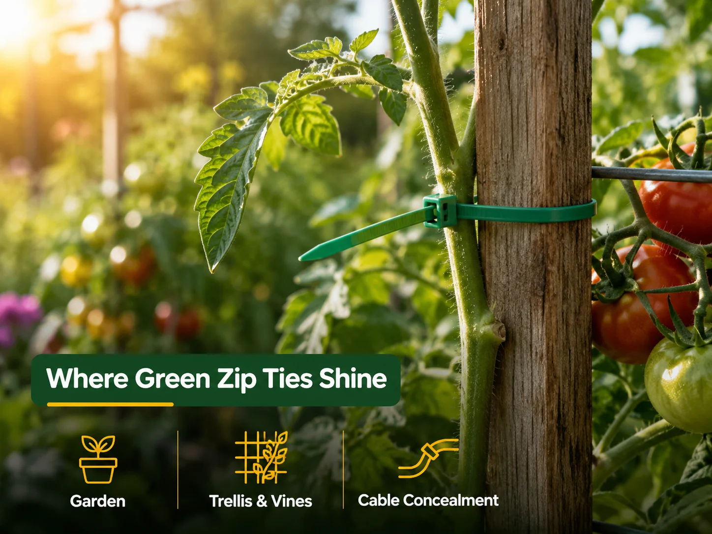 Green zip ties application scenarios — green cable ties used on a garden trellis, fence cabling and vineyard vines