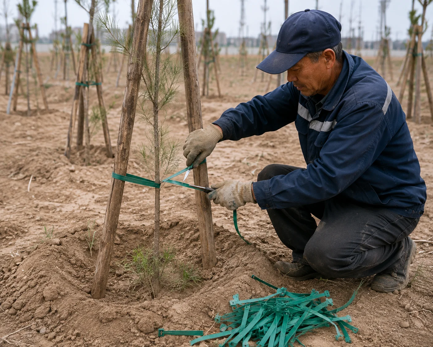 Workers removing green zip ties from saplings that have developed established root systems