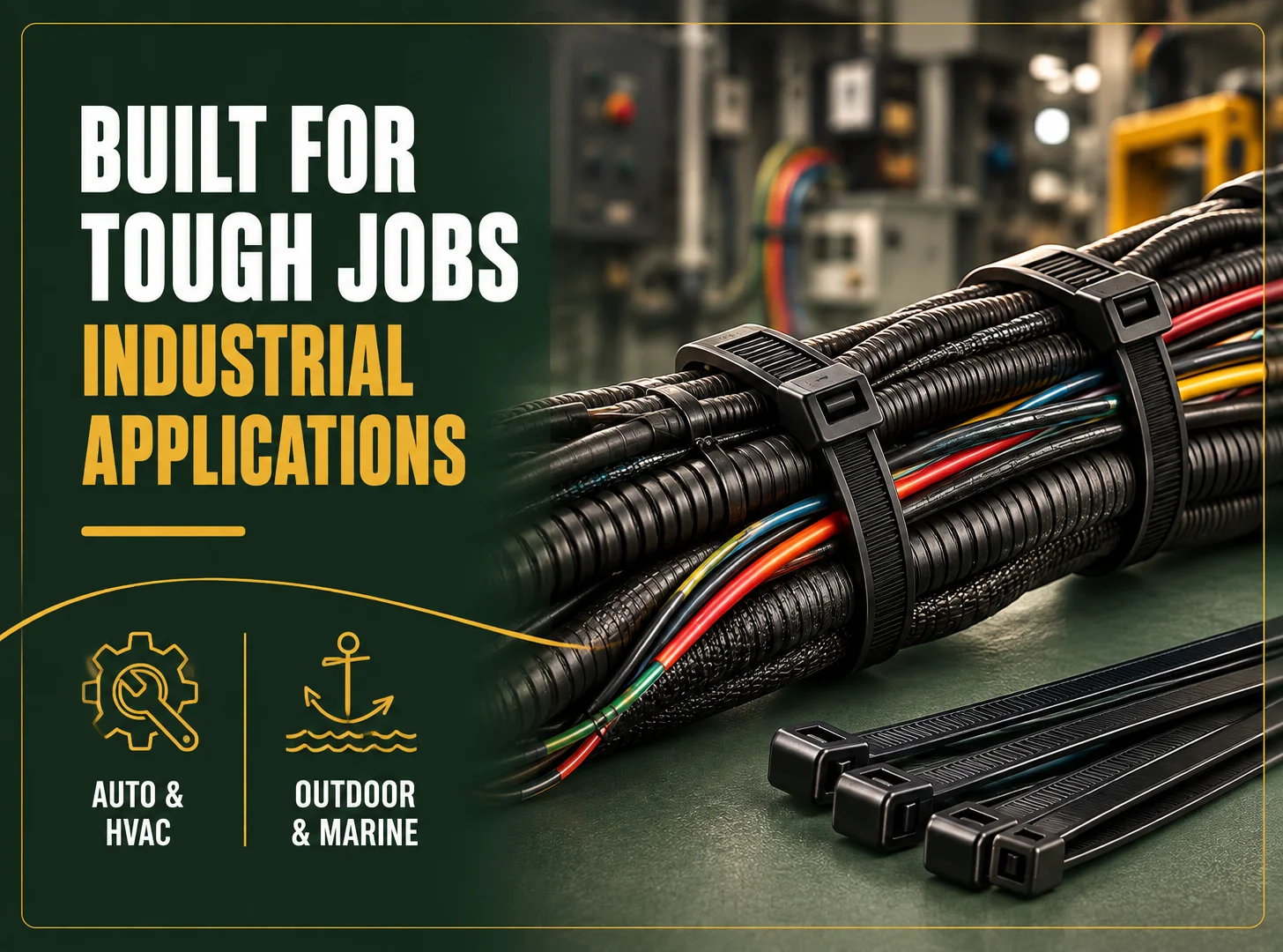 Heavy duty zip ties used across automotive, HVAC, marine, and construction industrial applications infographic
