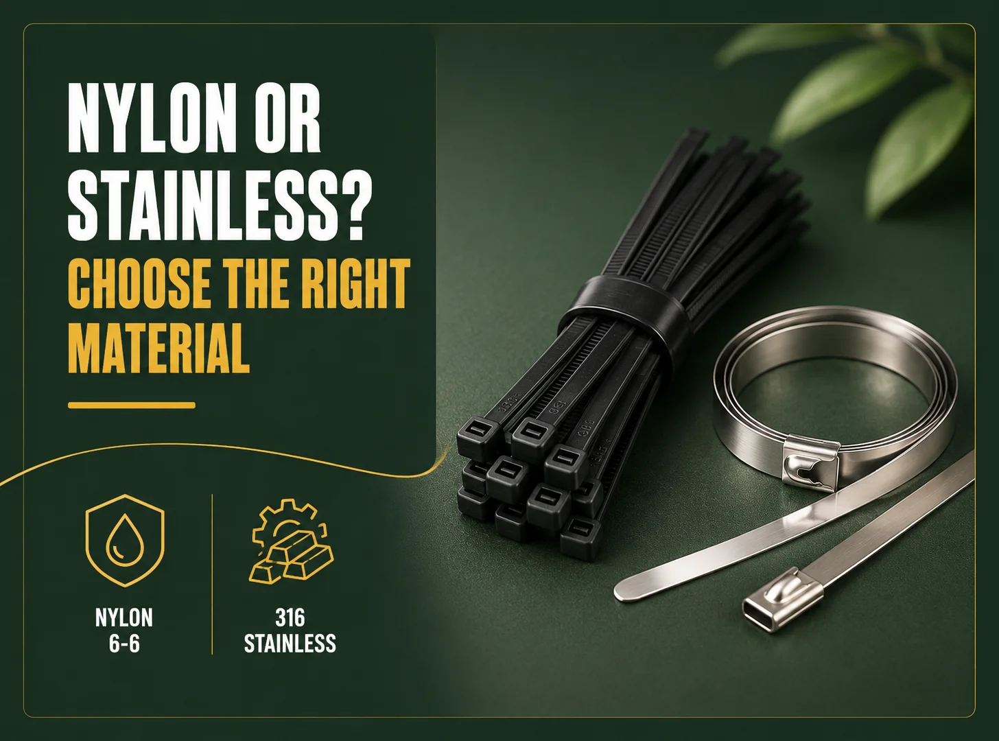 Heavy duty zip ties material comparison of nylon 6/6 and stainless steel cable ties with tensile strength and temperature specifications