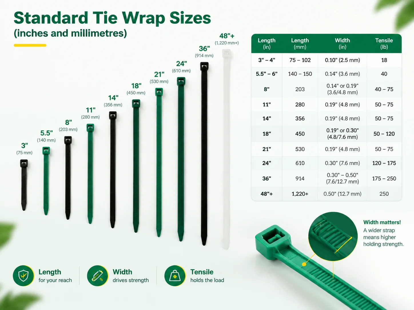 The standard tie wrap sizes